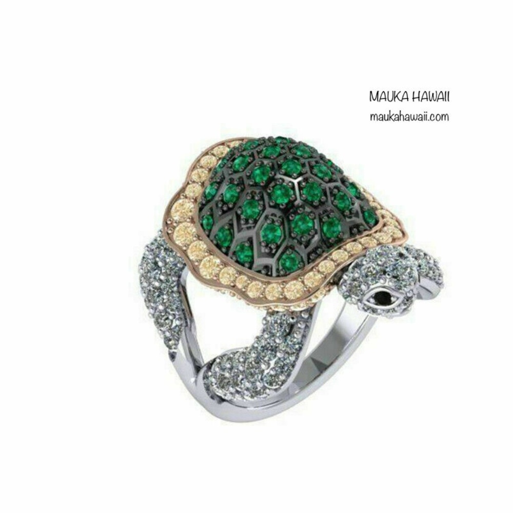 Ocean Turtle Iced Green Gold & Silver Zircon Nature Ring Sizes 9 9 1/2 10